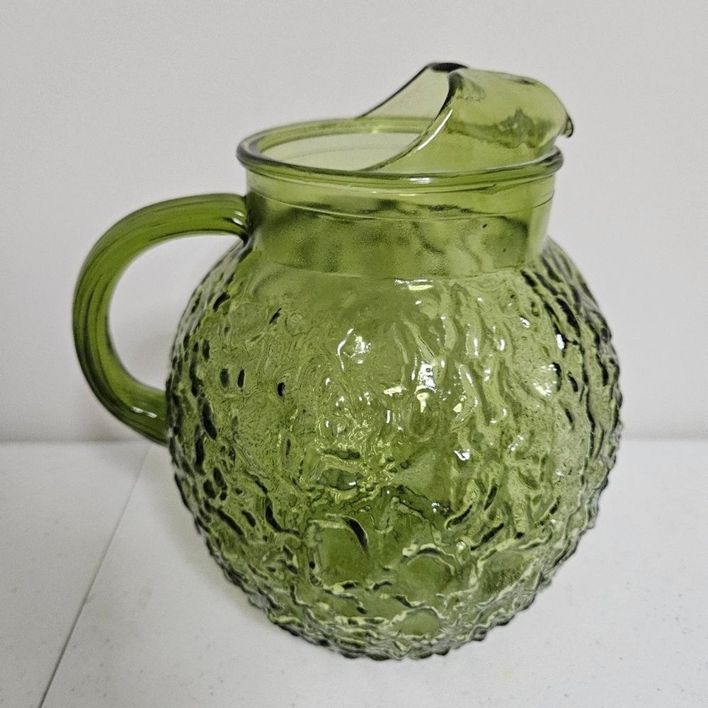 Vintage Anchor Hocking Pitcher 3 QT Glass Avocado Green Lido Milano Pattern EUC - Picture 2 of 9